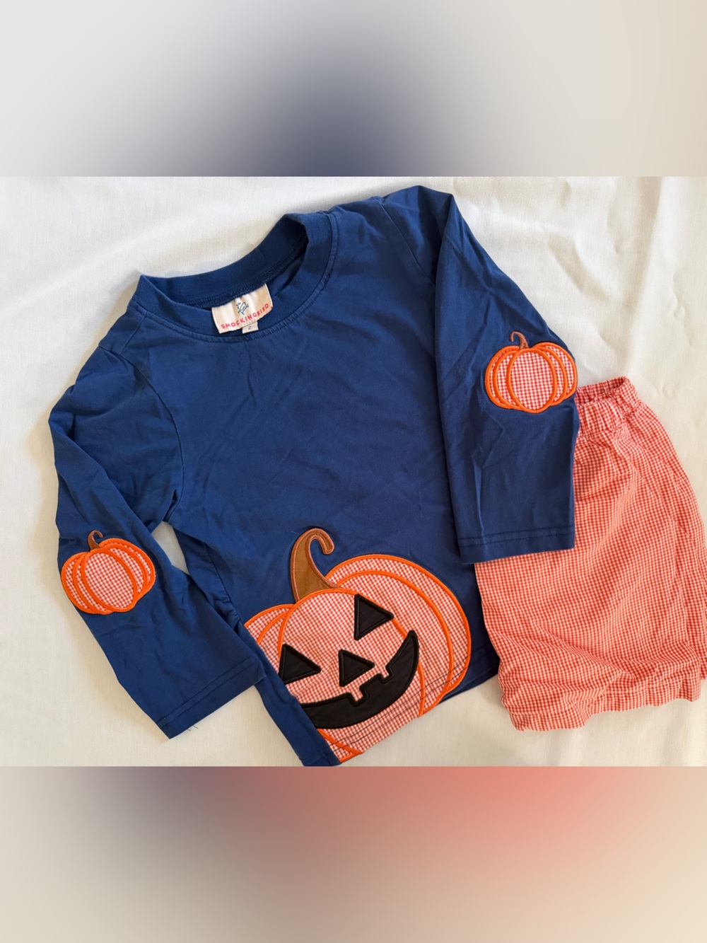 Smockingbird 2T Navy Pumpkin Jack O’ Lantern Set with Orange Gingham Short